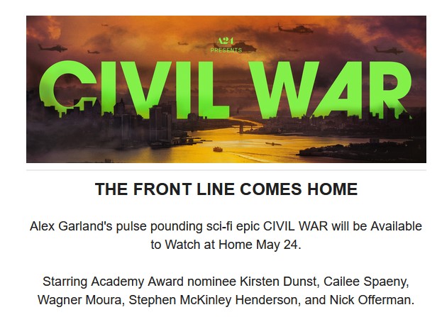 A24 Films Foments 'Civil War' for Premium Digital Sales, Rentals on May 24