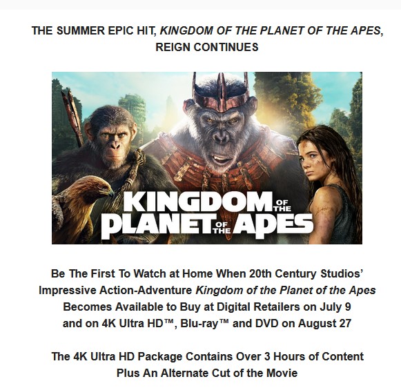 'Kingdom of the Planet of the Apes' Conquers Digital July 9 and 4K, Blu-ray & DVD August 27